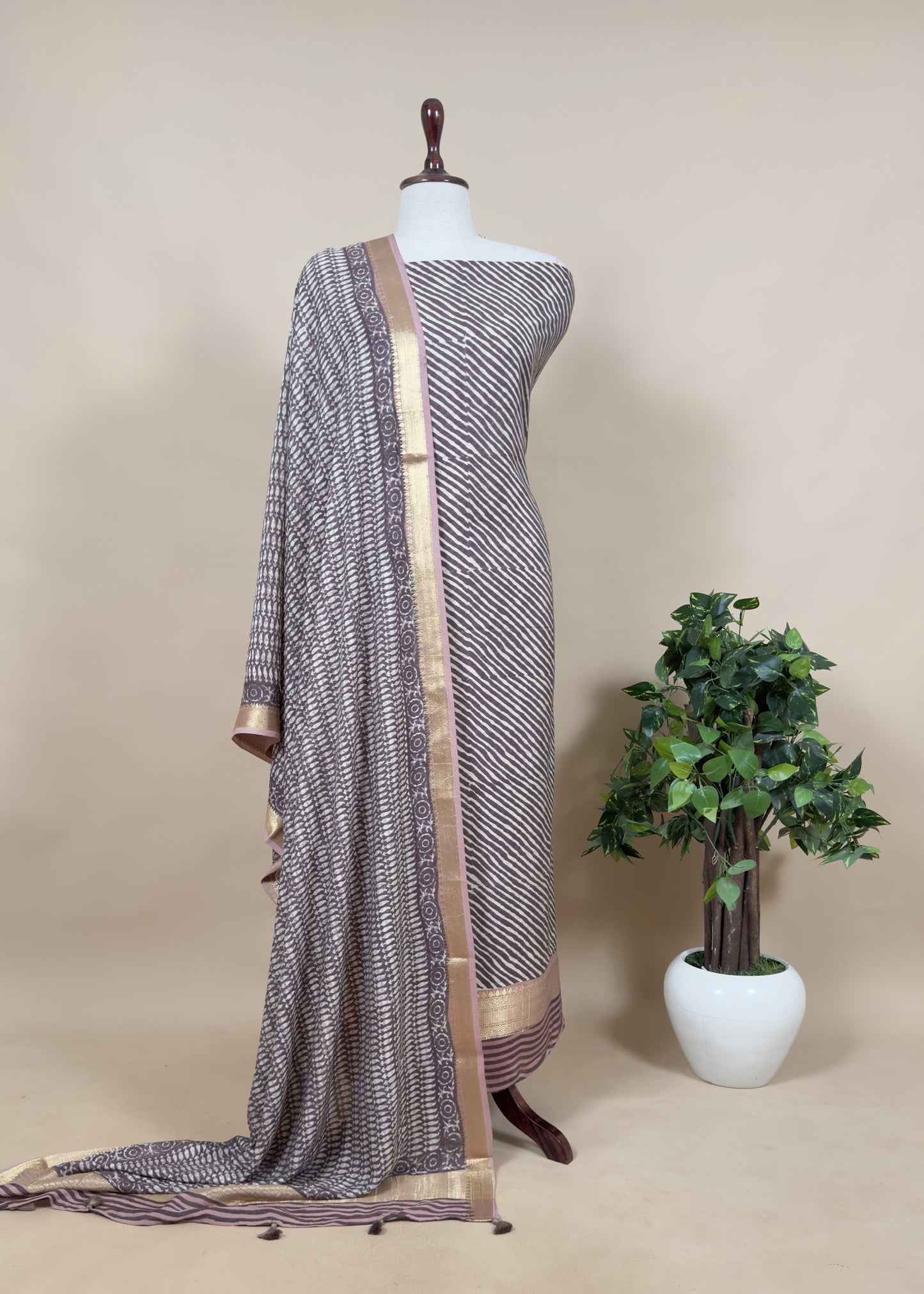 Wine Lehariya Pure Modal Suit Fabric with Maheshwari Border