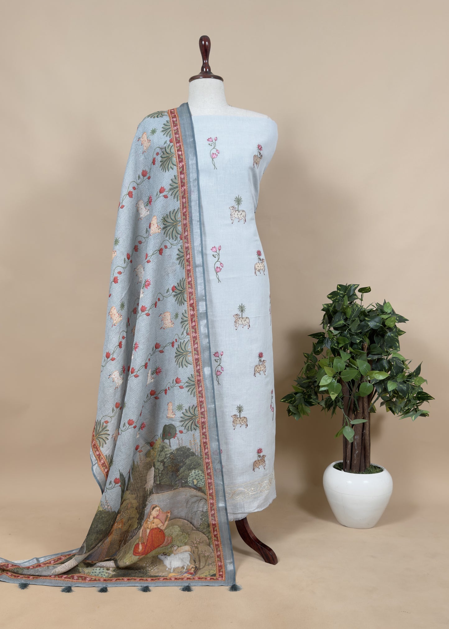 Green pichwai Embroidered linen Unstitched Suit