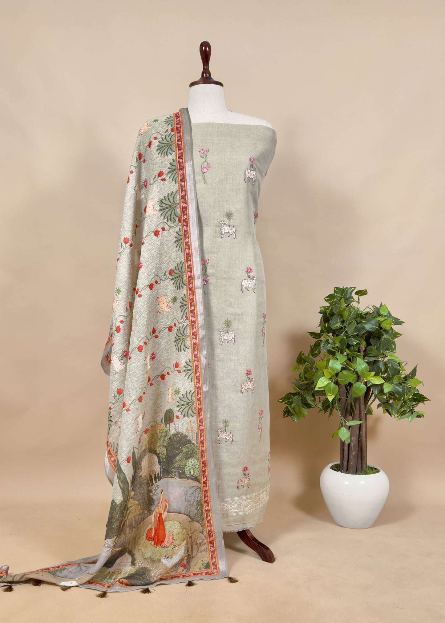 Green pichwai Embroidered linen Unstitched Suit