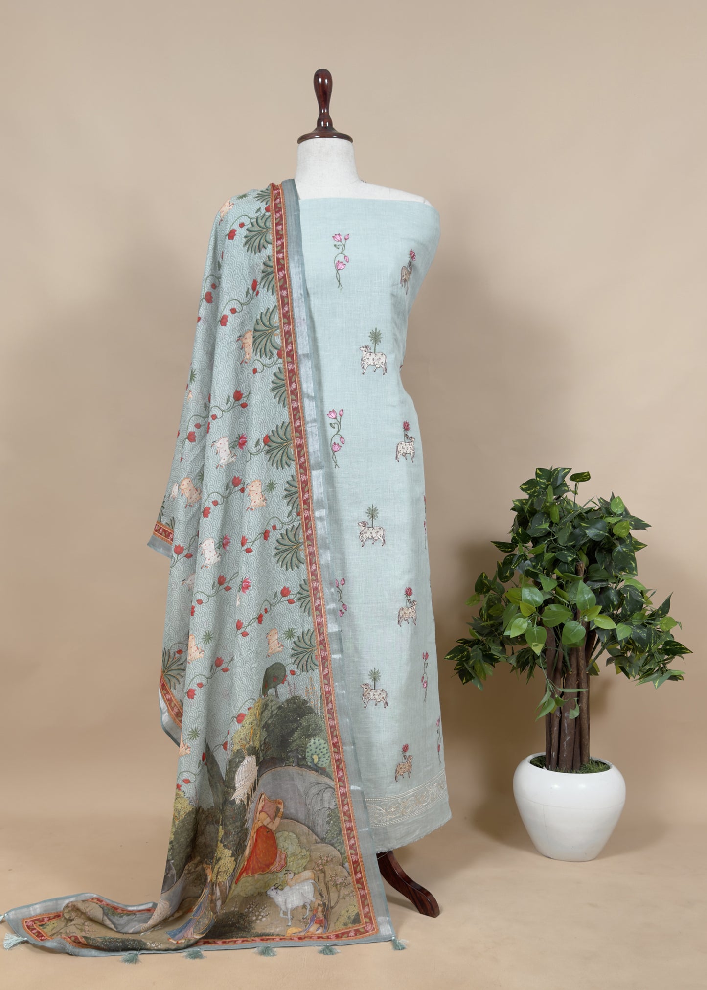 Blue pichwai Embroidered linen Unstitched Suit