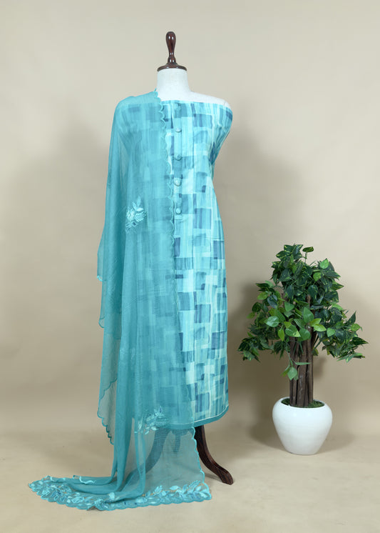 Blue Cotton Chanderi With Kota Doria Dupatta