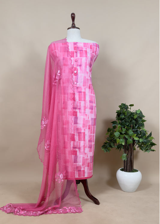 Pink Cotton Chanderi With Kota Doria Dupatta