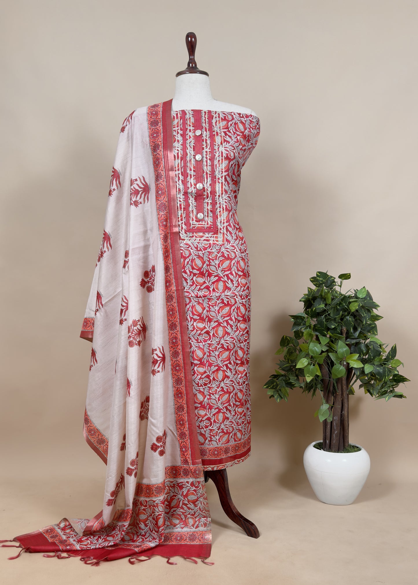 Green Hand block Print Unstitched Suit In Chanderi