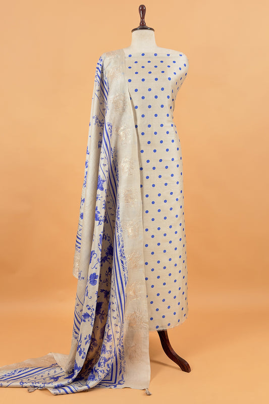 Beige And Blue Handloom Tussar Suit With Digital Print Dupatta