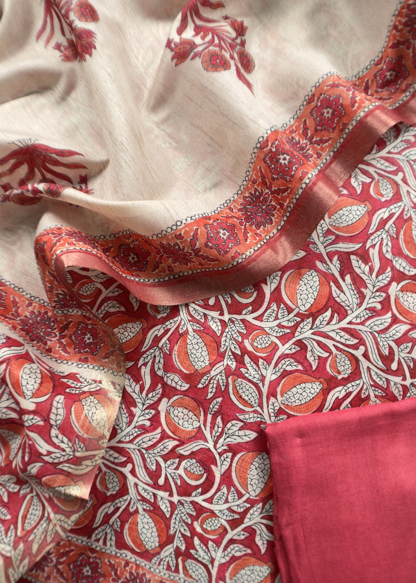 Gajri Hand Block Print Unstitched Suit In Chanderi