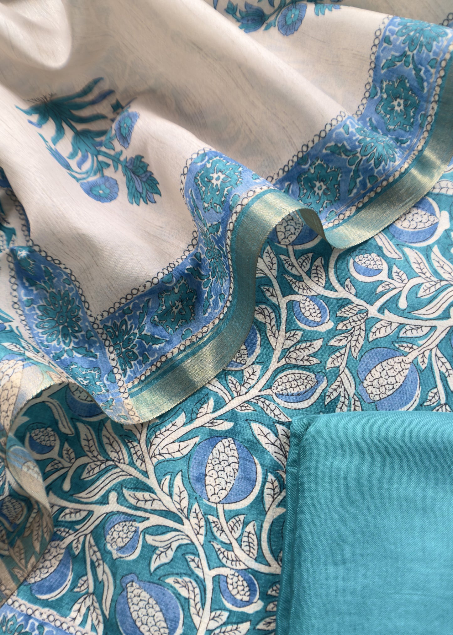 Blue Hand Block Print Unstitched Suit In Chanderi