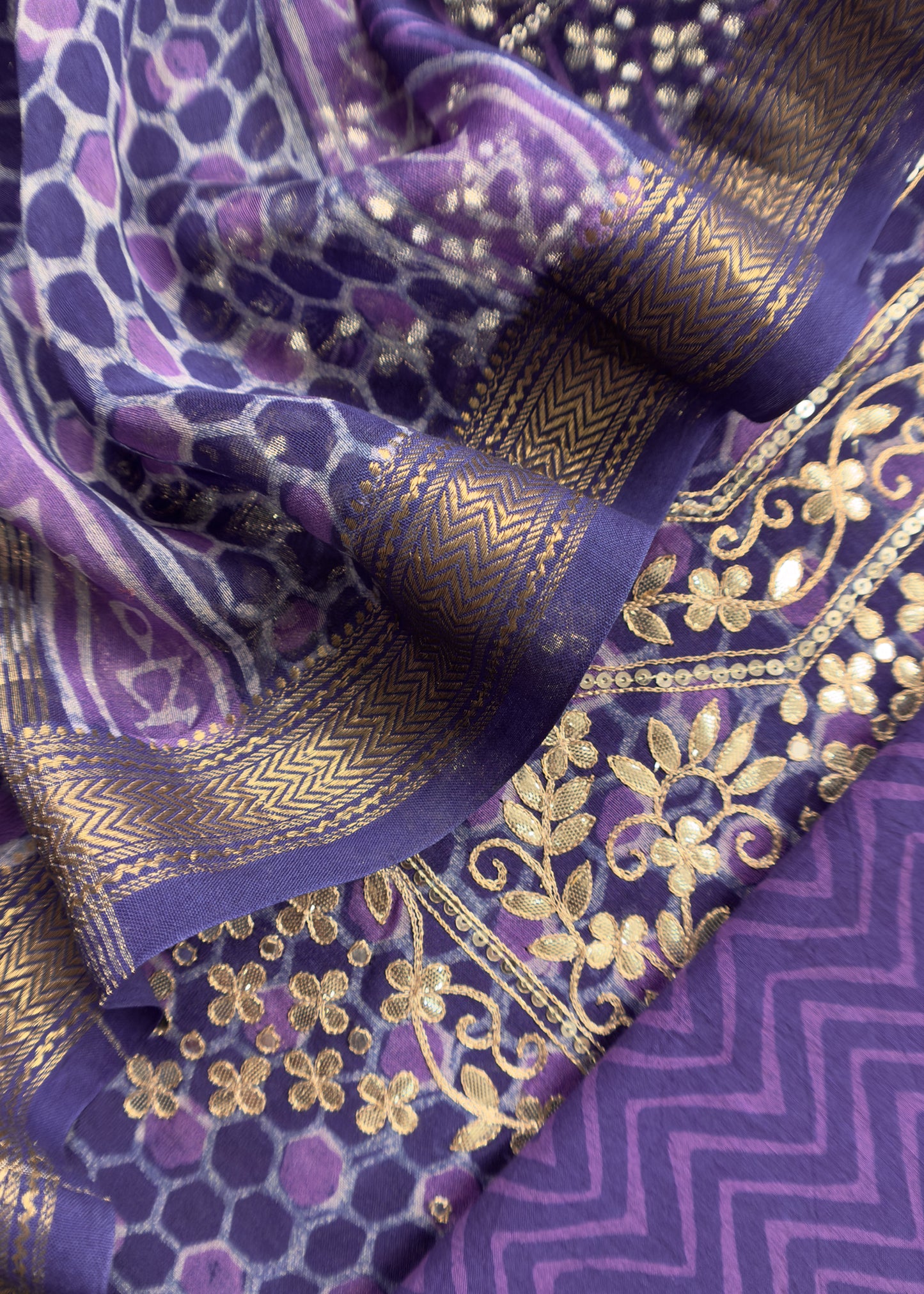 Violet Pure Maheshwari Suit Fabric With Akola Hand Block Print With Gota Patti Embroidery