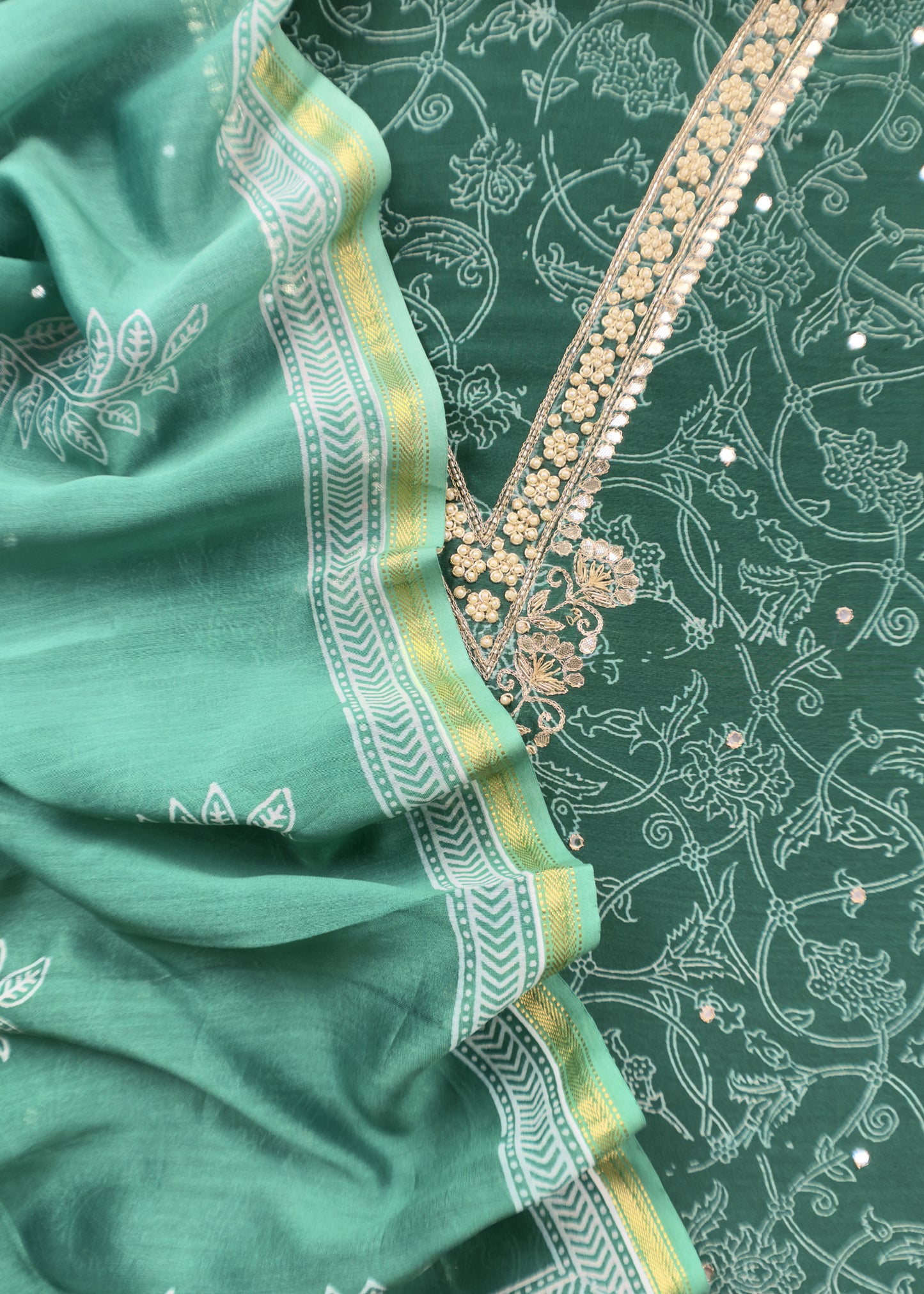 Emerald Green Pure Chanderi Silk Suit With Bagru Hand block Print And Gota patti Handwork