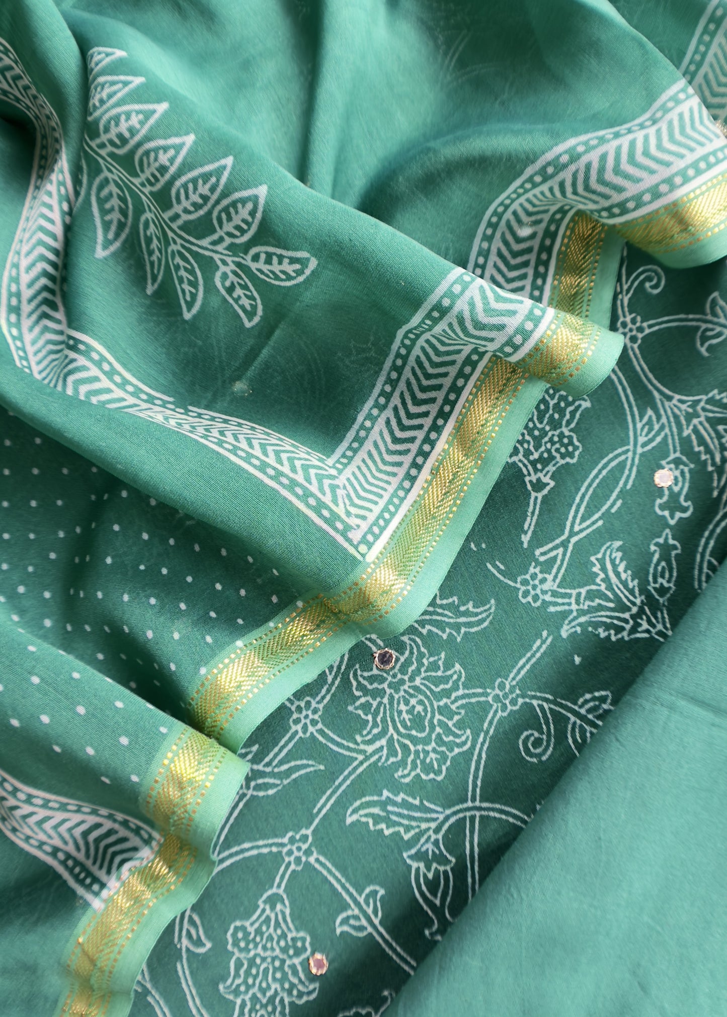 Emerald Green Pure Chanderi Silk Suit With Bagru Hand block Print And Gota patti Handwork