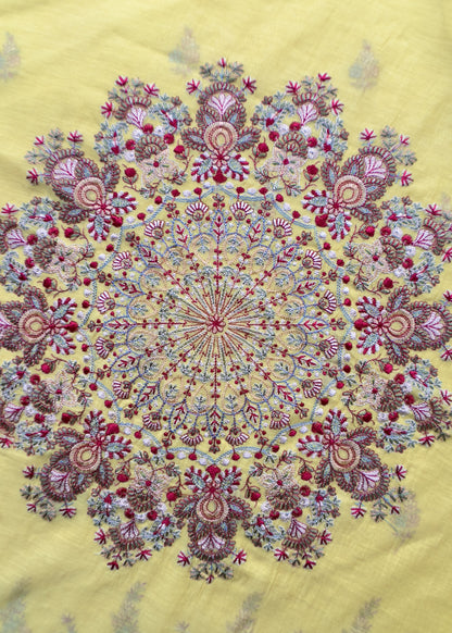 Banana Yellow Summer Special Mul Chanderi Suit With Kashmiri Embroidery