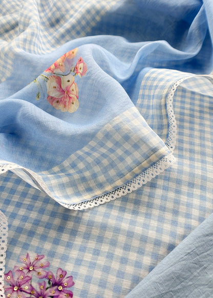 Baby Blue Summers Cutest Pure Mul Suit Fabric In Ghingham Checks And Floral Print With Hand Work