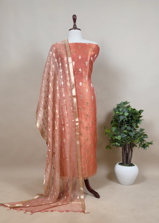 Orange Pure Tissue Silk Suit With Gold Zari Weaving