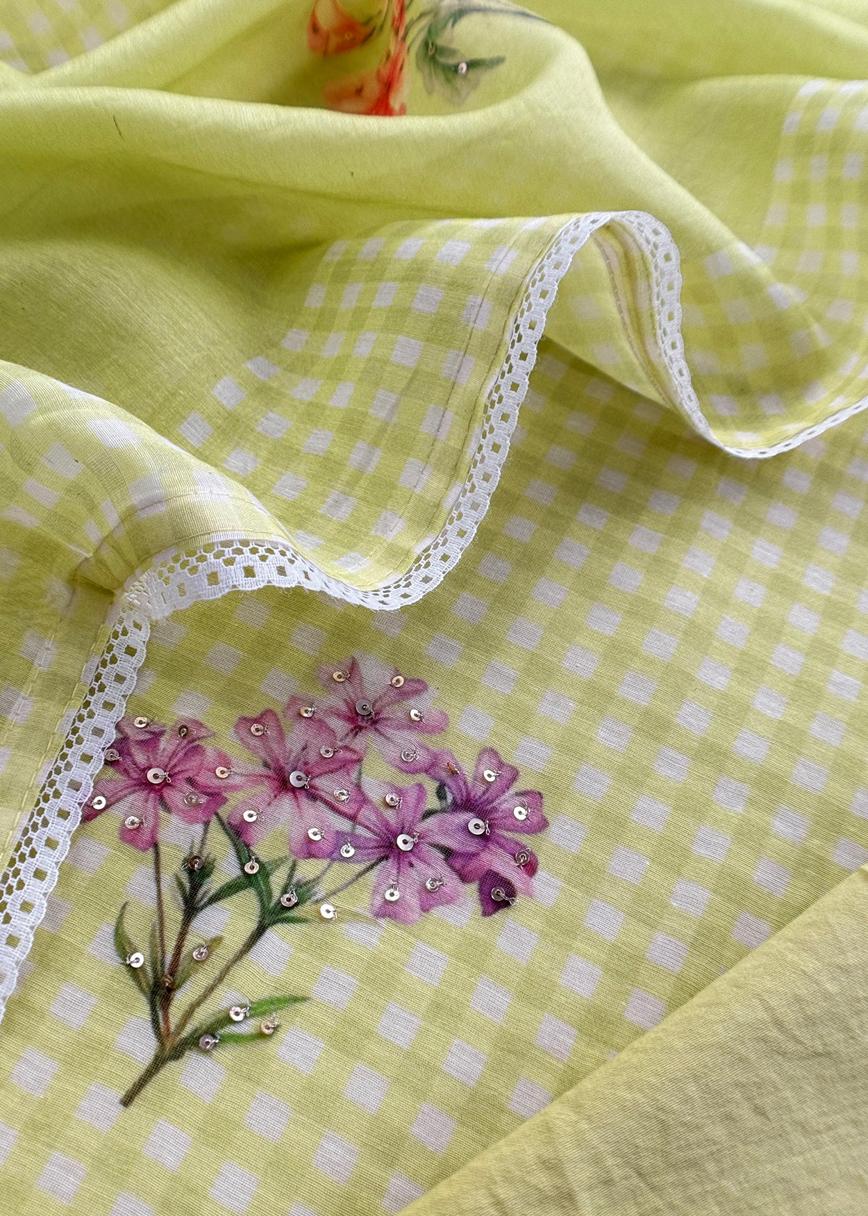 Light Green Summers Cutest Pure Mul Suit Fabric In Ghingham Checks And Floral Print With Hand Work