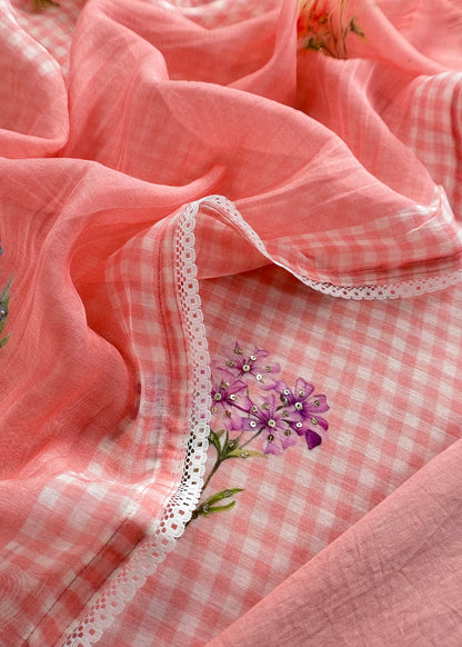 Pink Summers Cutest Pure Mul Suit Fabric In Ghingham Checks And Floral Print With Hand Work