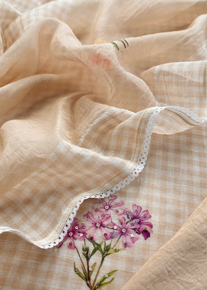 Beige Summers Cutest Pure Mul Suit Fabric In Ghingham Checks And Floral Print With Hand Work