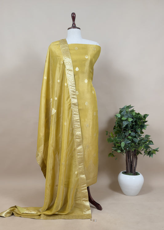 Greenish Yellow Pure Organza Tissue Suit With Resham Weaving