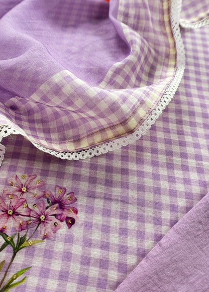 Purple Summers Cutest Pure Mul Suit Fabric In Ghingham Checks And Floral Print With Hand Work