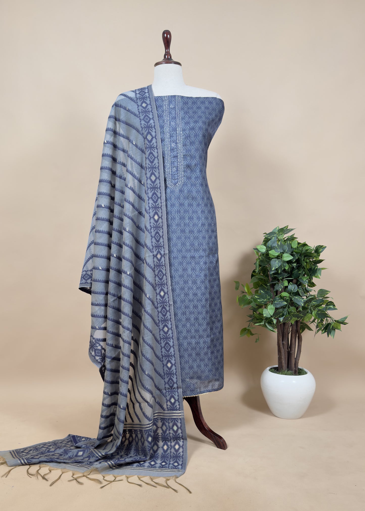 Blue Hand Blocked Print Chanderi Suit Fabric With Jamdani Dupatta