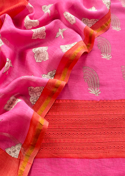 Pink Blockprint Handloom Maheshwari Silk Suit Fabric With Self Resham Embroidered Panel