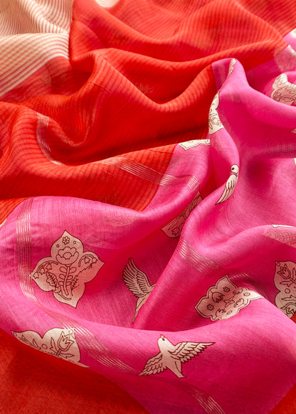 Pink Blockprint Handloom Maheshwari Silk Suit Fabric With Self Resham Embroidered Panel