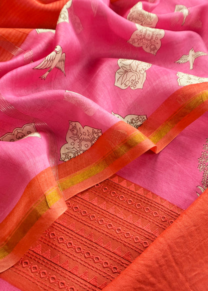 Pink Blockprint Handloom Maheshwari Silk Suit Fabric With Self Resham Embroidered Panel