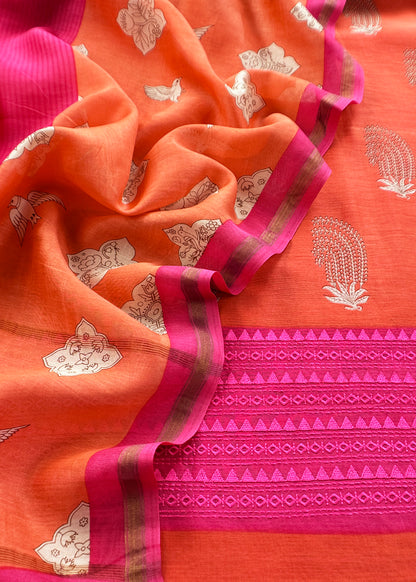 Orange Blockprint Handloom Maheshwari Silk Suit Fabric With Self Resham Embroidered Panel
