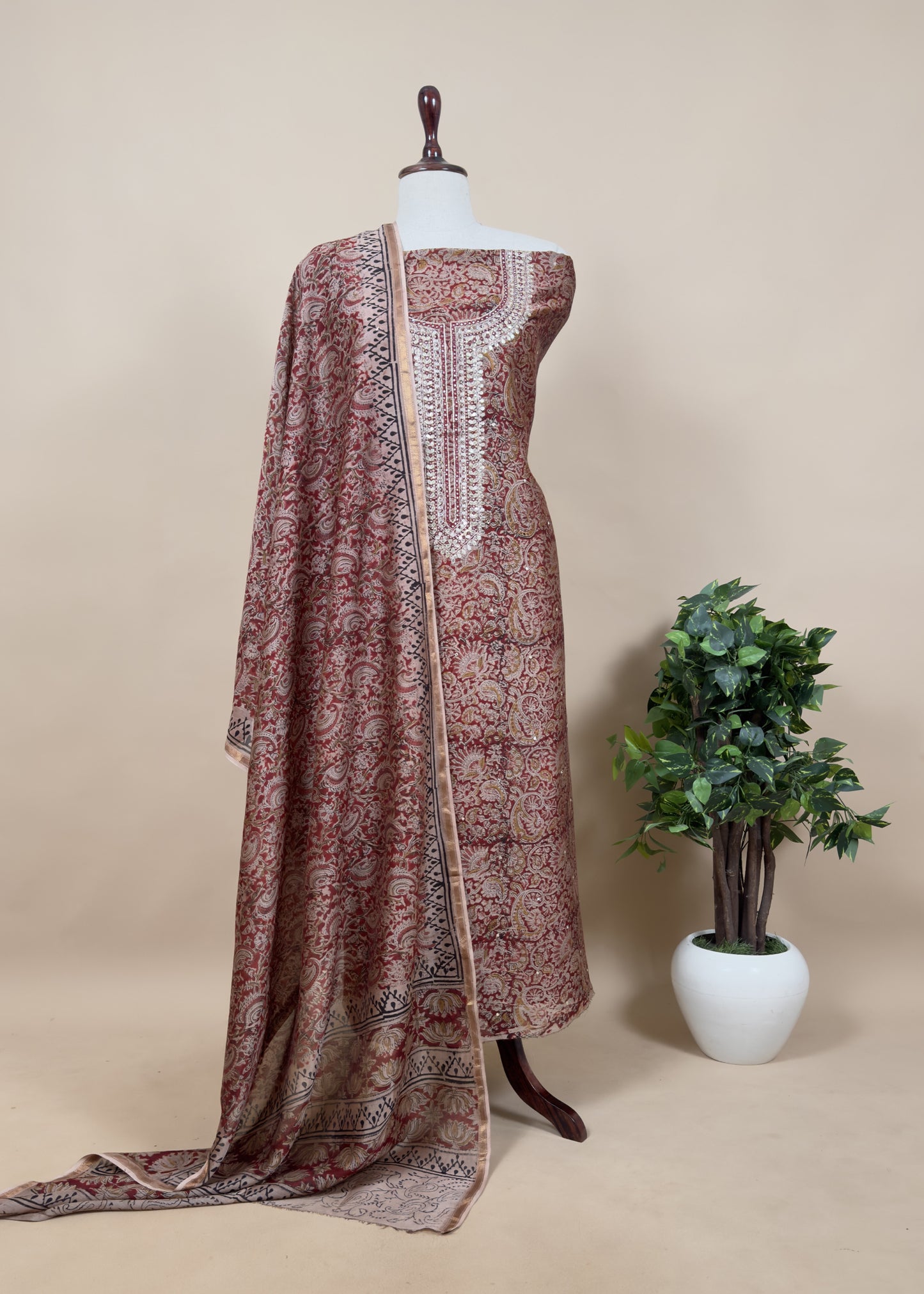 Brown Handloom Pure Chanderi Suit With Mirror Hand Embroidery