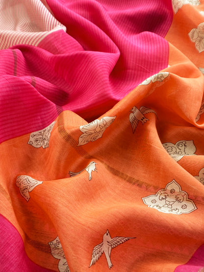 Orange Blockprint Handloom Maheshwari Silk Suit Fabric With Self Resham Embroidered Panel