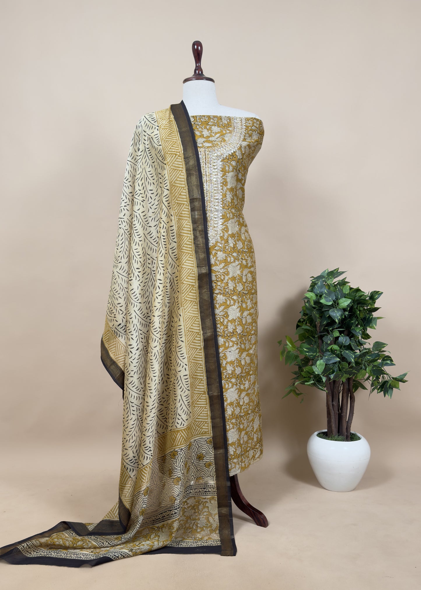 Brown Handloom Pure Chanderi Suit With Mirror Hand Embroidery