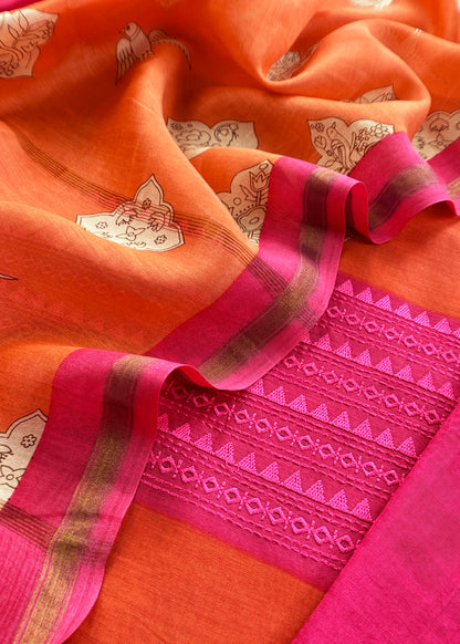 Orange Blockprint Handloom Maheshwari Silk Suit Fabric With Self Resham Embroidered Panel