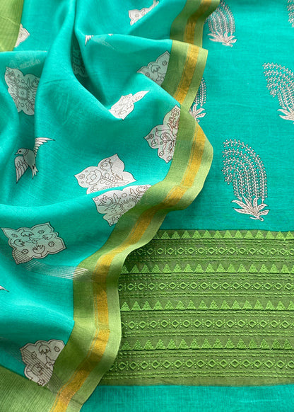 Turquoise Blue Blockprint Handloom Maheshwari Silk Suit Fabric With Self Resham Embroidered Panel