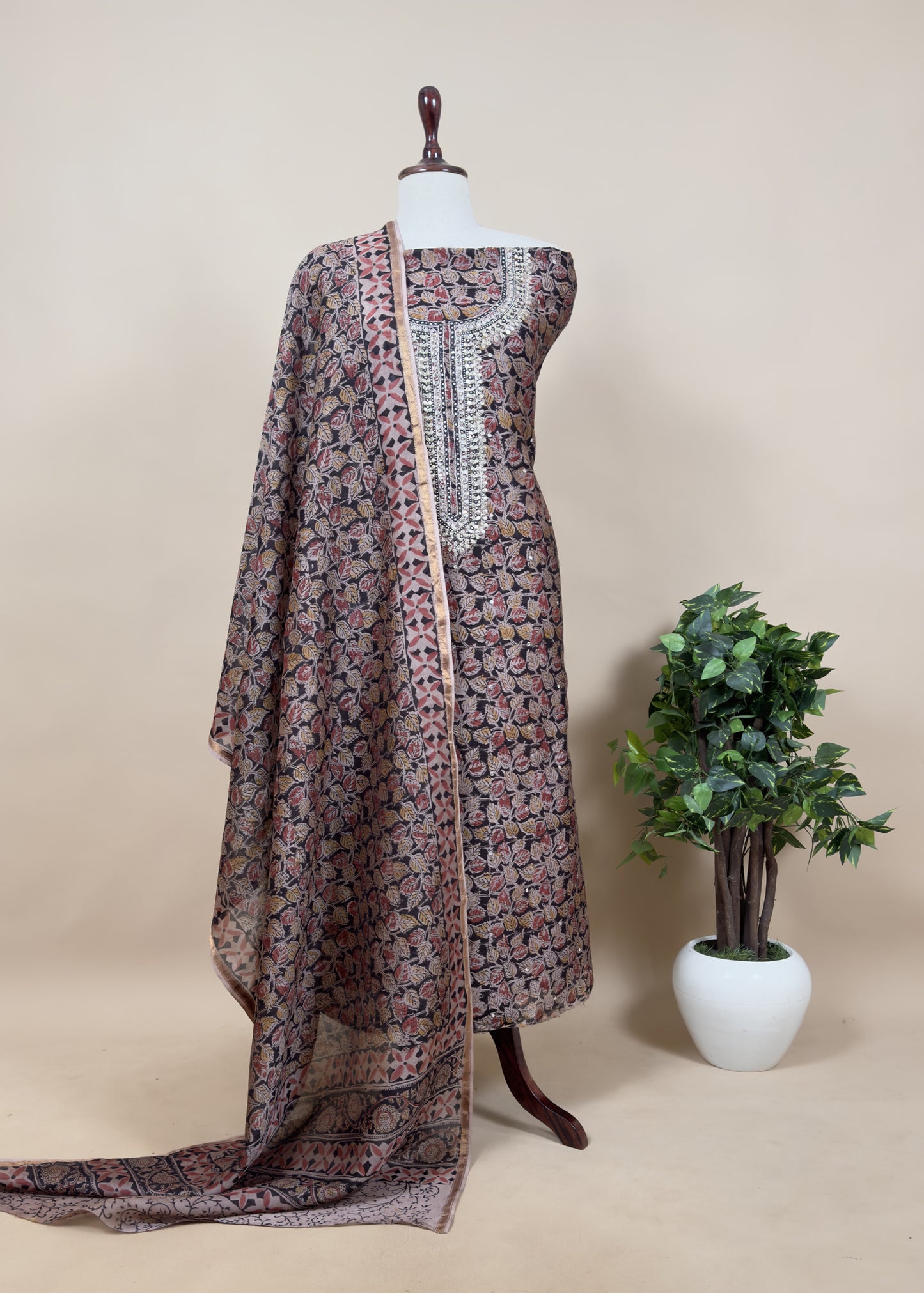 Maroon Handloom Pure Chanderi Suit With Mirror Hand Embroidery