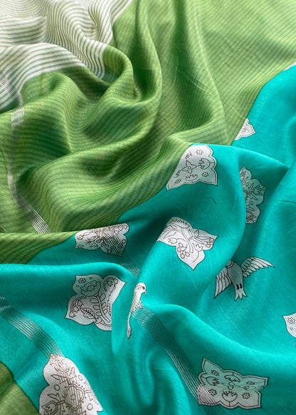 Turquoise Blue Blockprint Handloom Maheshwari Silk Suit Fabric With Self Resham Embroidered Panel