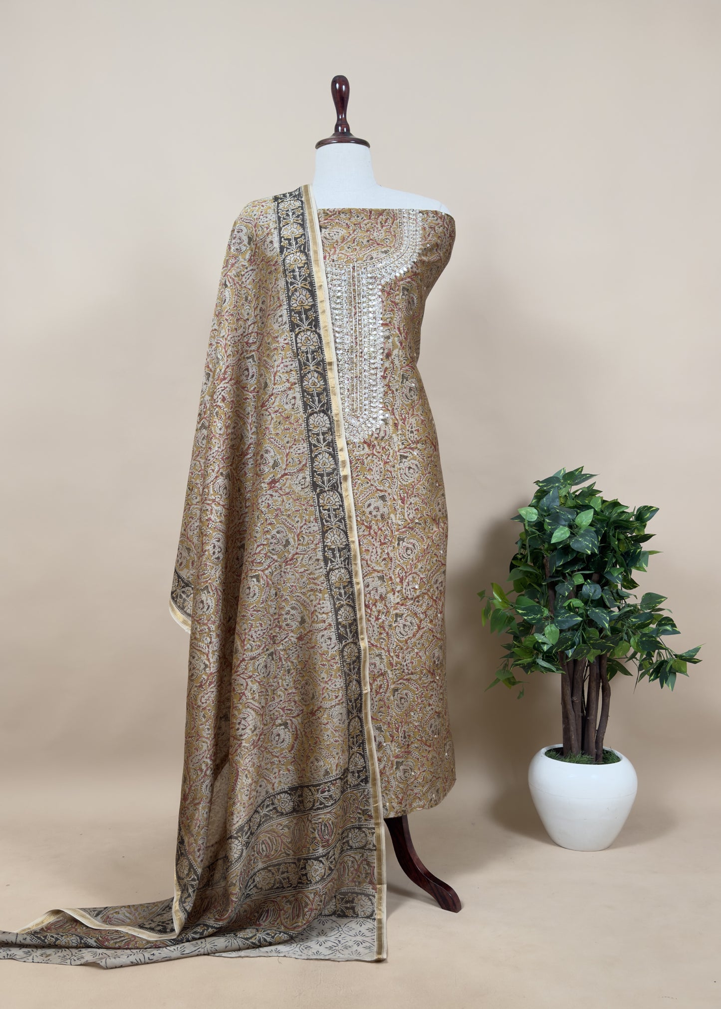 Handloom Pure Chanderi Suit With Mirror Hand Embroidery