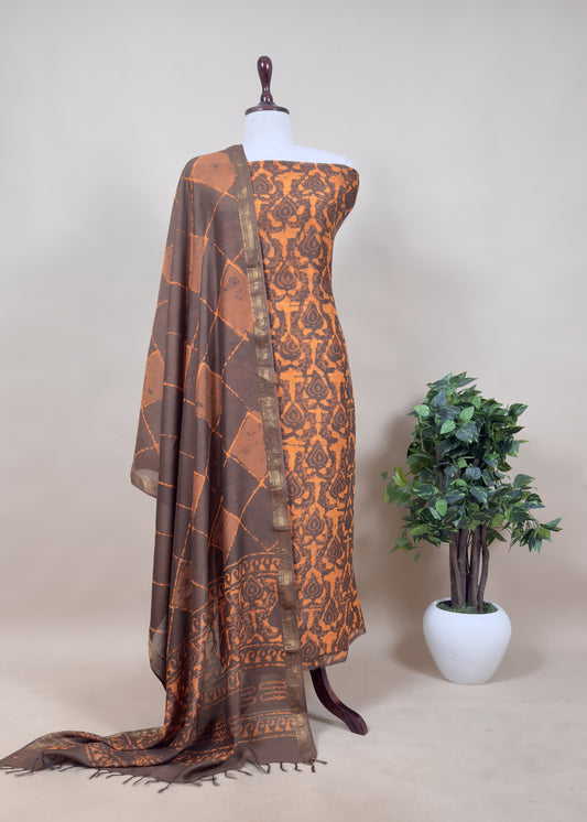 Orange With Brown - Sanganeri Block Printed Pure Chanderi Suit Fabric