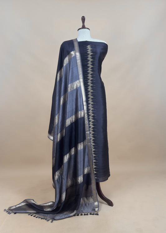 Kalasheel Luxe Black Chiniya Silk With Gold Ikkat Weave