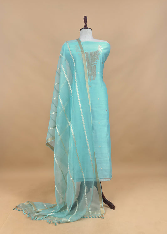 Sky Blue Handloom Unstitched Chanderi Silk Suit With Kadwa Weaving