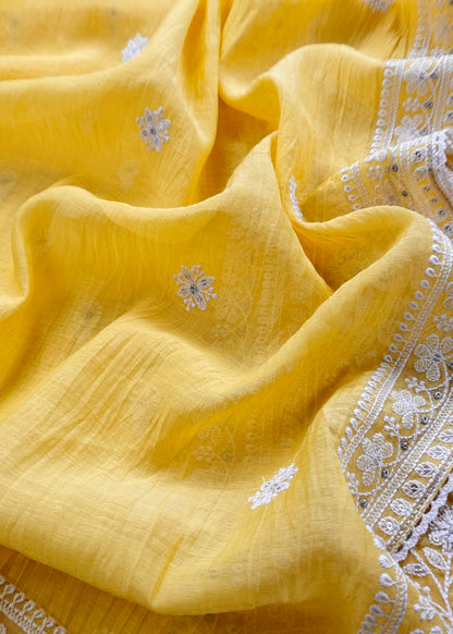 Yellow Lakhnavi Mulmul Suit With Dupatta