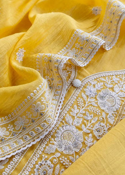 Yellow Lakhnavi Mulmul Suit With Dupatta