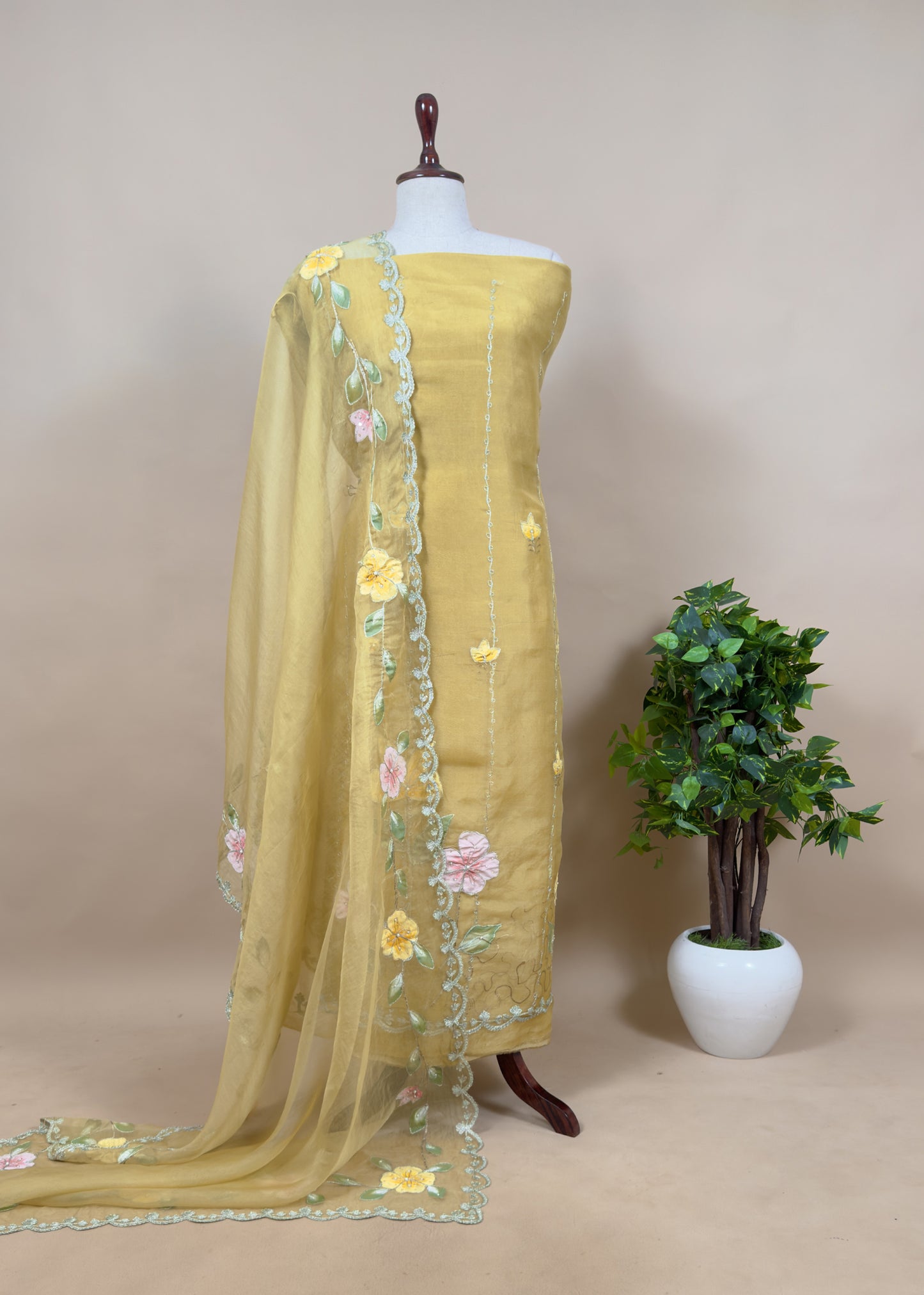 Powder Blue Hand Painted Organza Silk Suit With Dori Embroidered