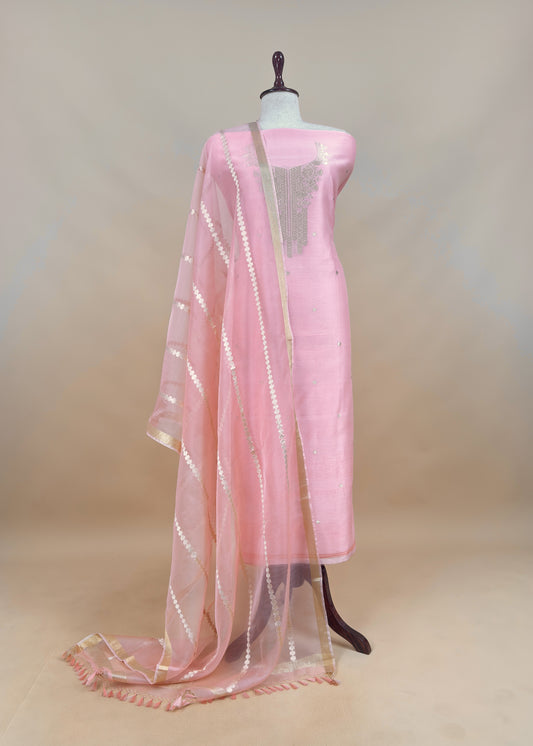 Pink Handloom Unstitched Chanderi Silk Suit With Kadwa Weaving