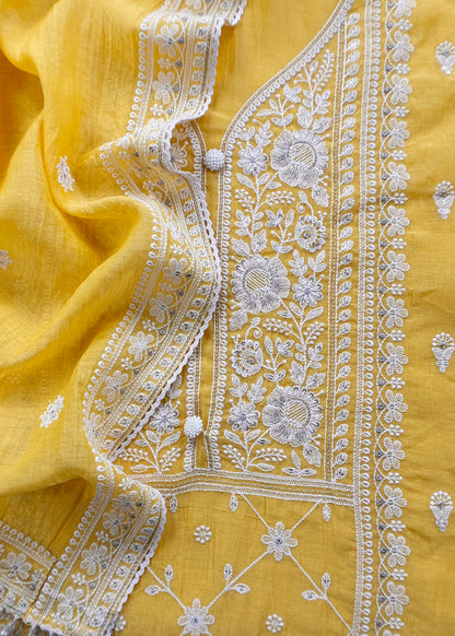 Yellow Lakhnavi Mulmul Suit With Dupatta