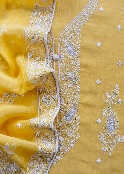 Yellow Lakhnavi Mulmul Suit With Dupatta