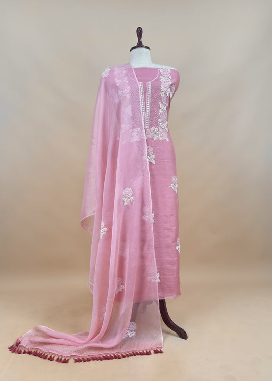 Baby Pink Lakhnavi Tissue Silk Suit Fabric With Chikan Embroidery
