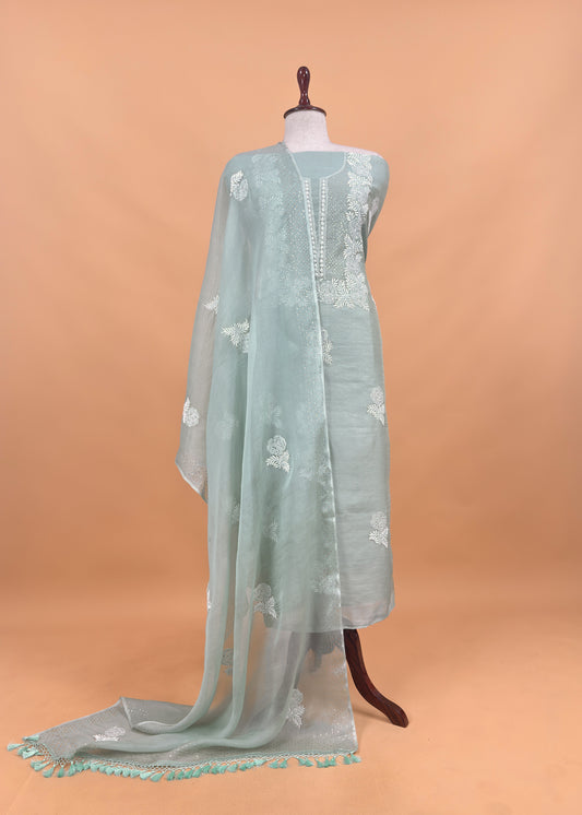 Pastel Green Lakhnavi Tissue Silk Suit Fabric With Chikan Embroidery