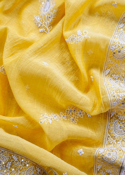 Yellow Lakhnavi Mulmul Suit With Dupatta