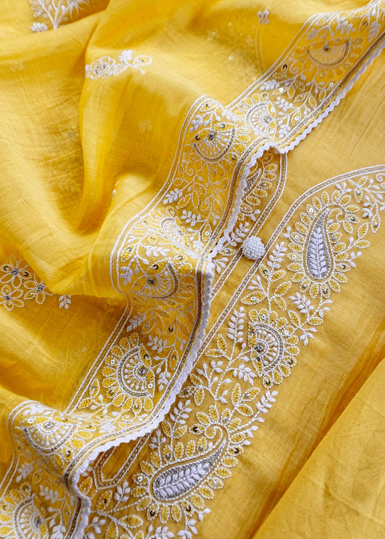 Yellow Lakhnavi Mulmul Suit With Dupatta