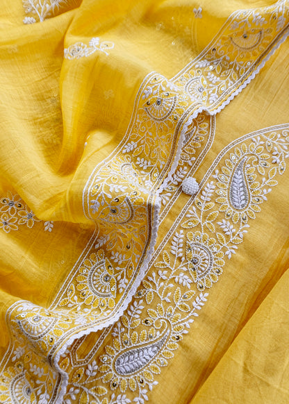 Yellow Lakhnavi Mulmul Suit With Dupatta
