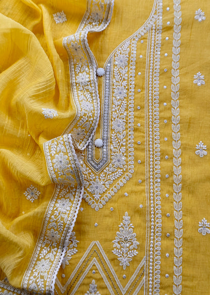Yellow Lakhnavi Mulmul Suit With Dupatta