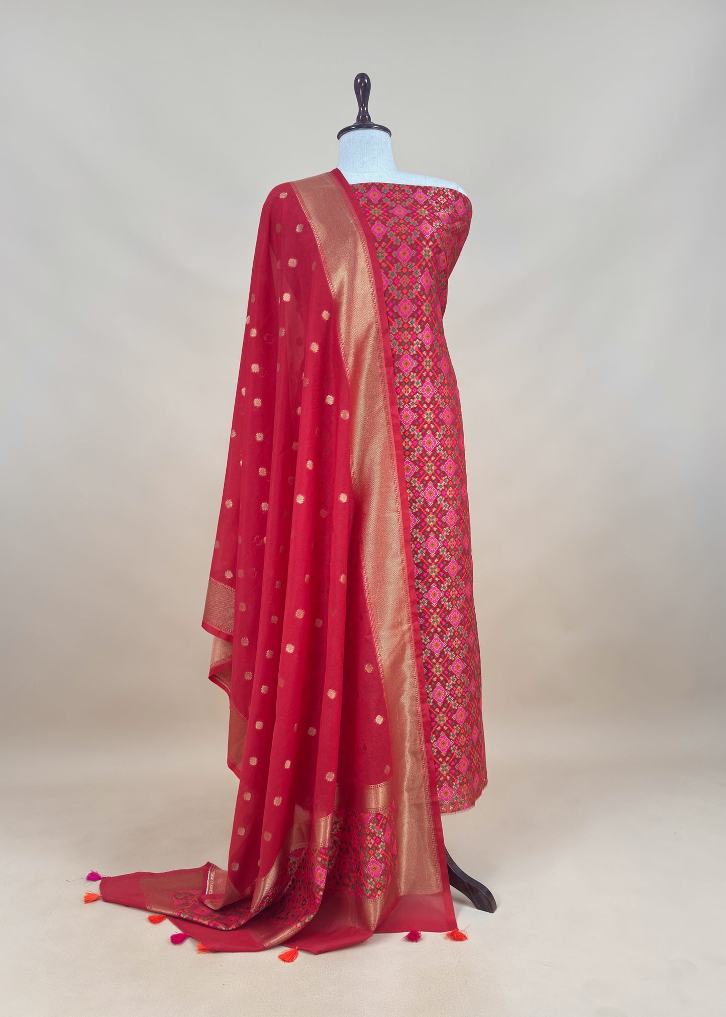 Red Handwoven Unstitched Patola Suit In Pure Cotton